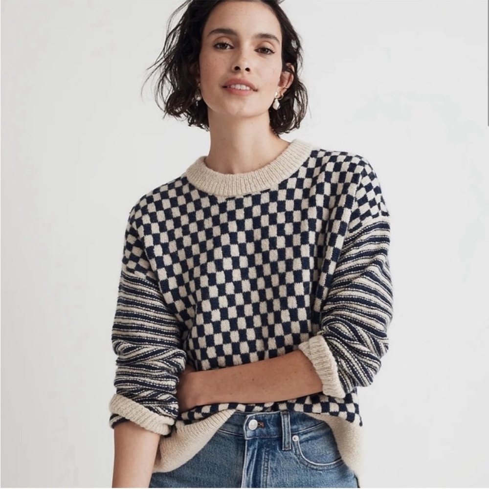 Madewell Navy and Cream Checkerboard Crewneck Sweater